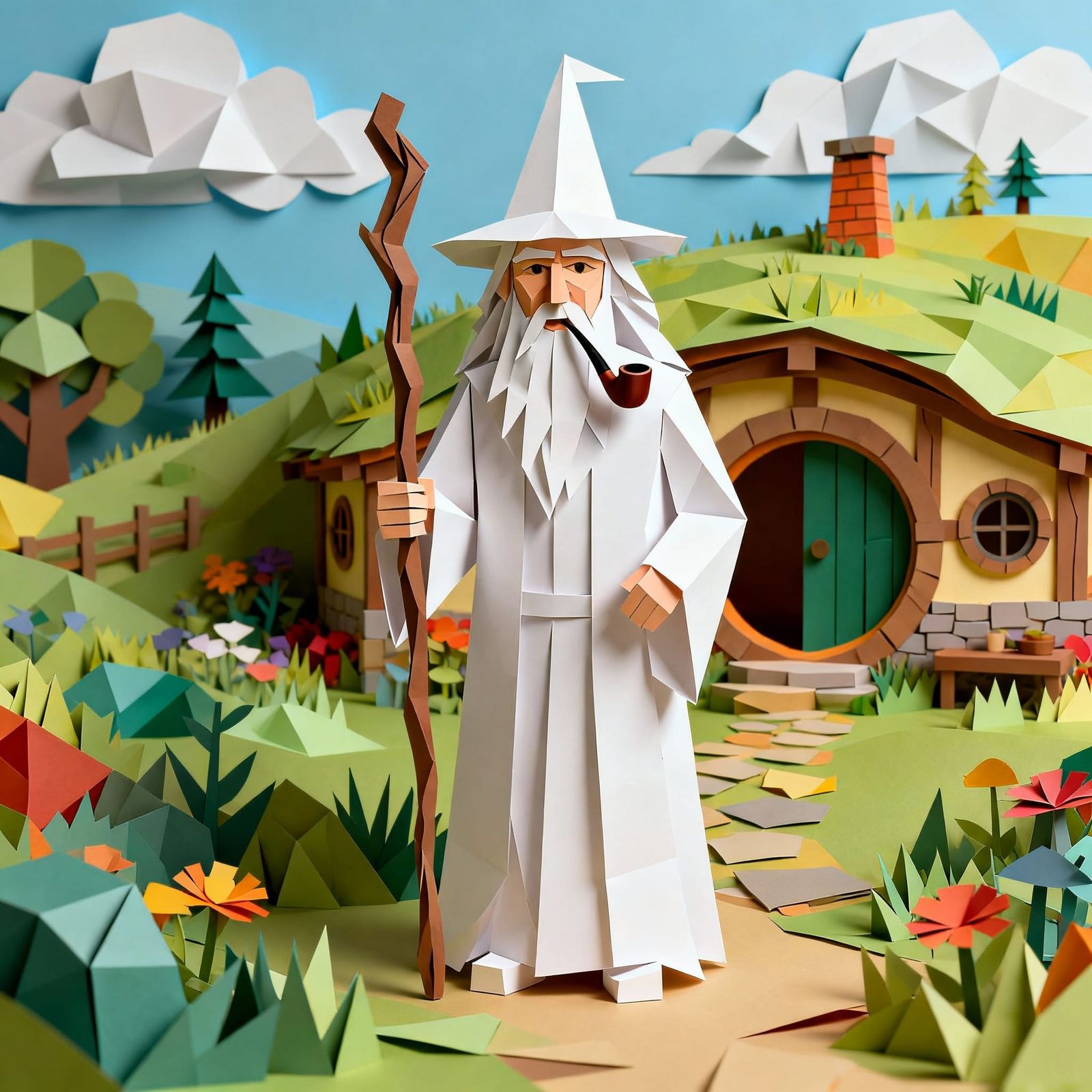 Gandalf in Cut Paper Style with Hobbit House