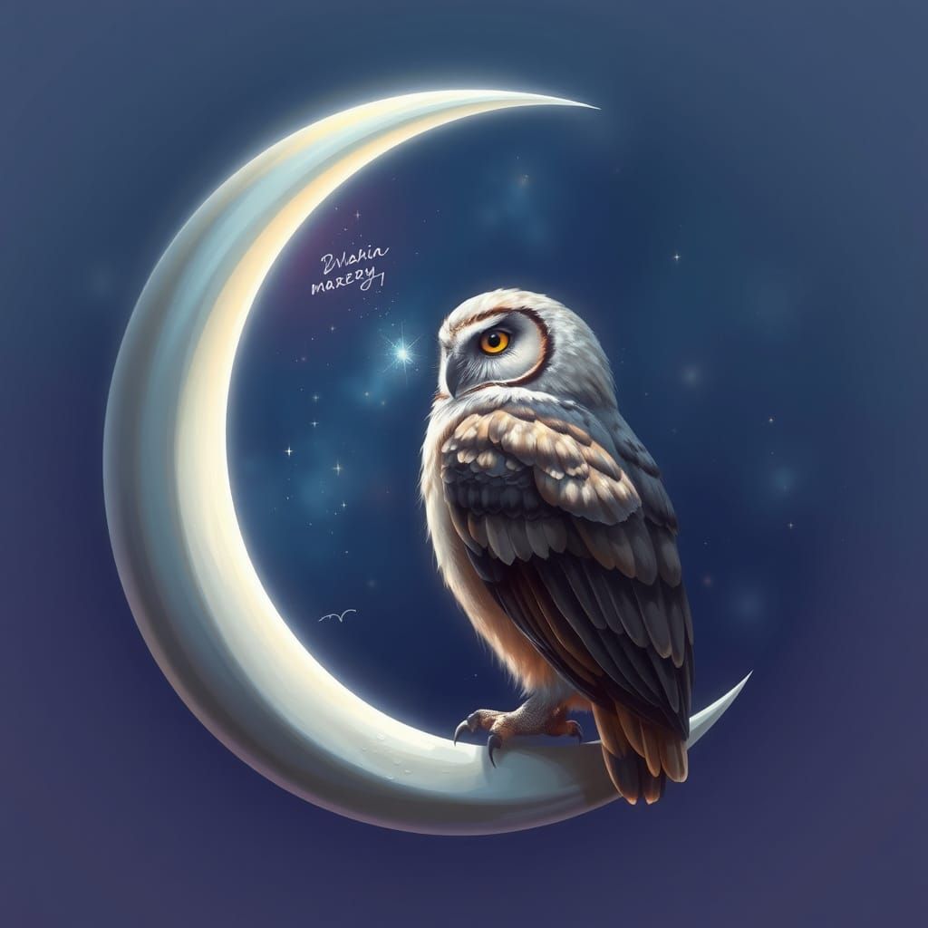 Celestial Owl Perched on Crescent Moon