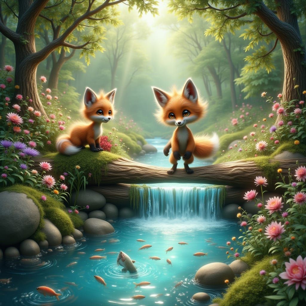 Enchanting Baby Fox on Log by River