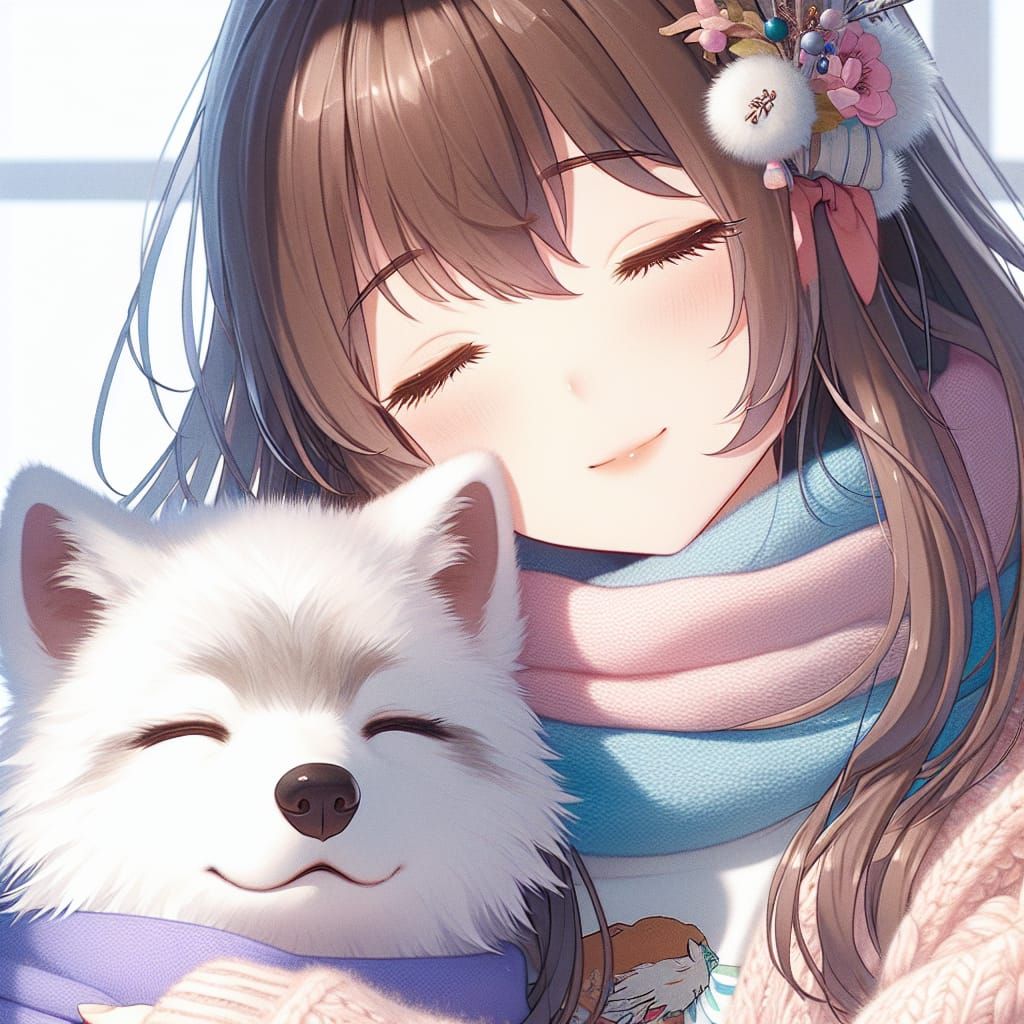 Cute Anime Girl Cuddling White Wolf Portrait