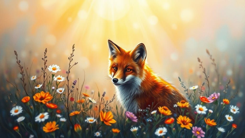 Red Fox in Wildflowers at Sunset: Mixed Media Painting