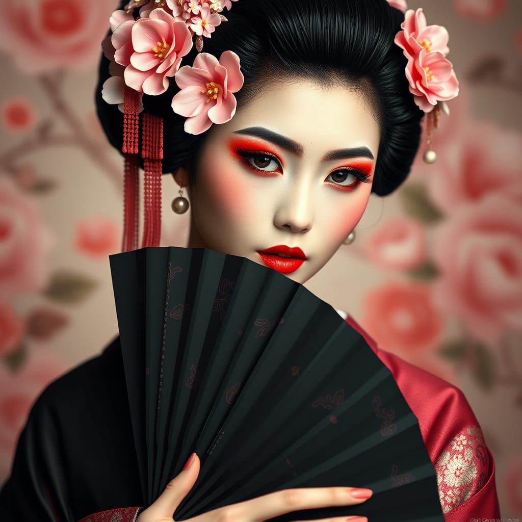 Elegant Geisha with Fan in Art Nouveau Style