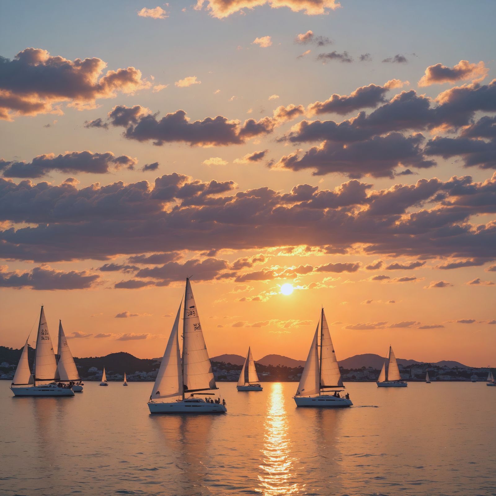 Sailboats Silhouetted at Sunset Over Calm Ocean