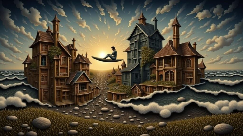 Serene Ocean Sunset with Woman on Surfboard in Impressionist...