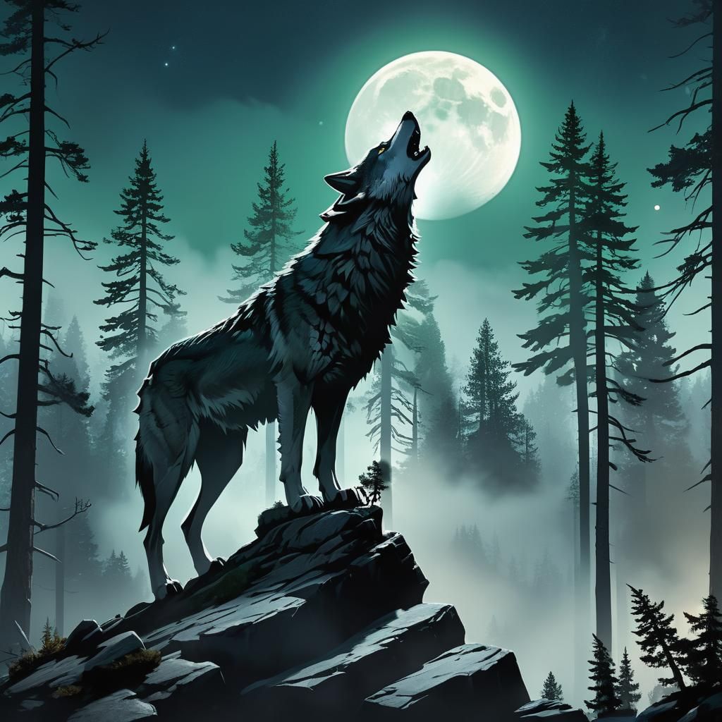 Wolf Howling at Moon in Misty Forest