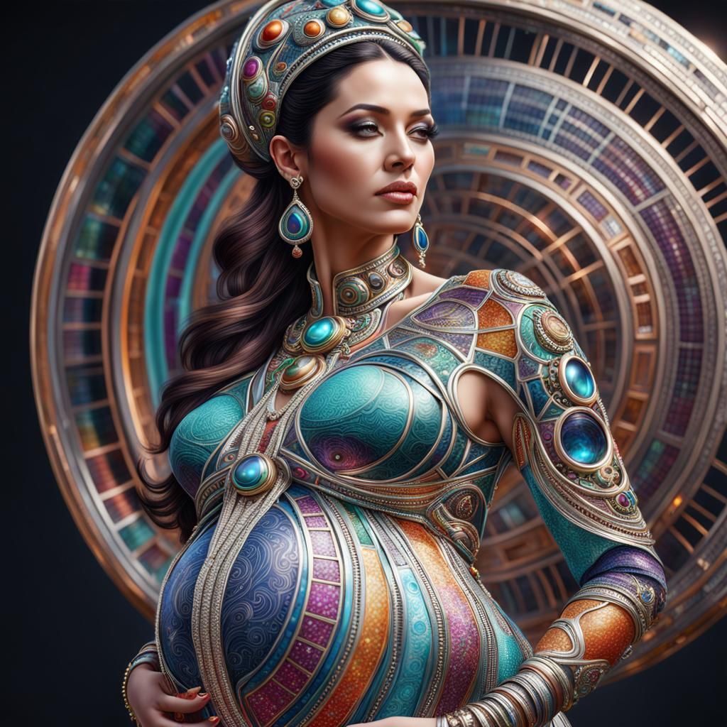 Hyperrealistic Pregnant Woman in Futuristic Jewelry