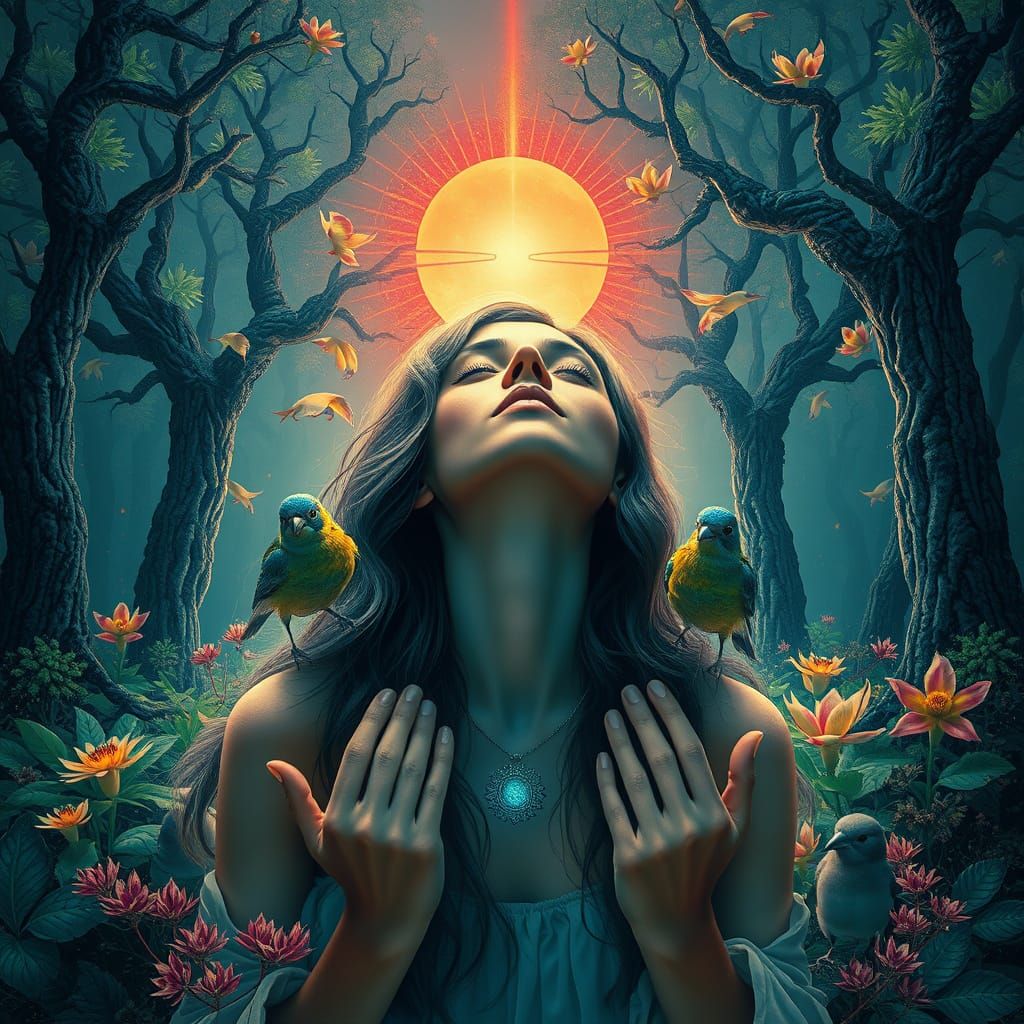 Serene Woman in Harmony with Nature's Mystical Realm