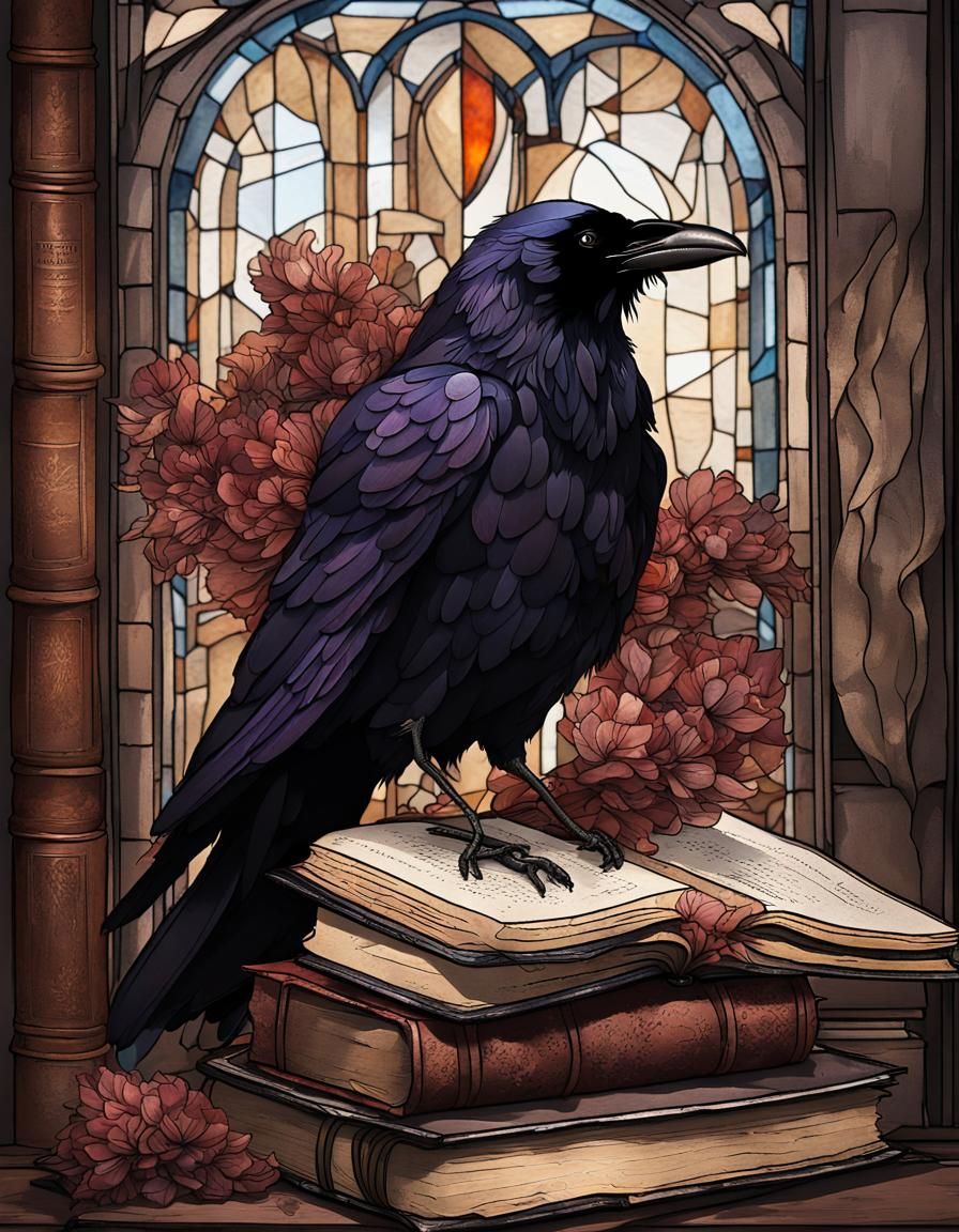 Dark Academia Raven with Books and Flowers