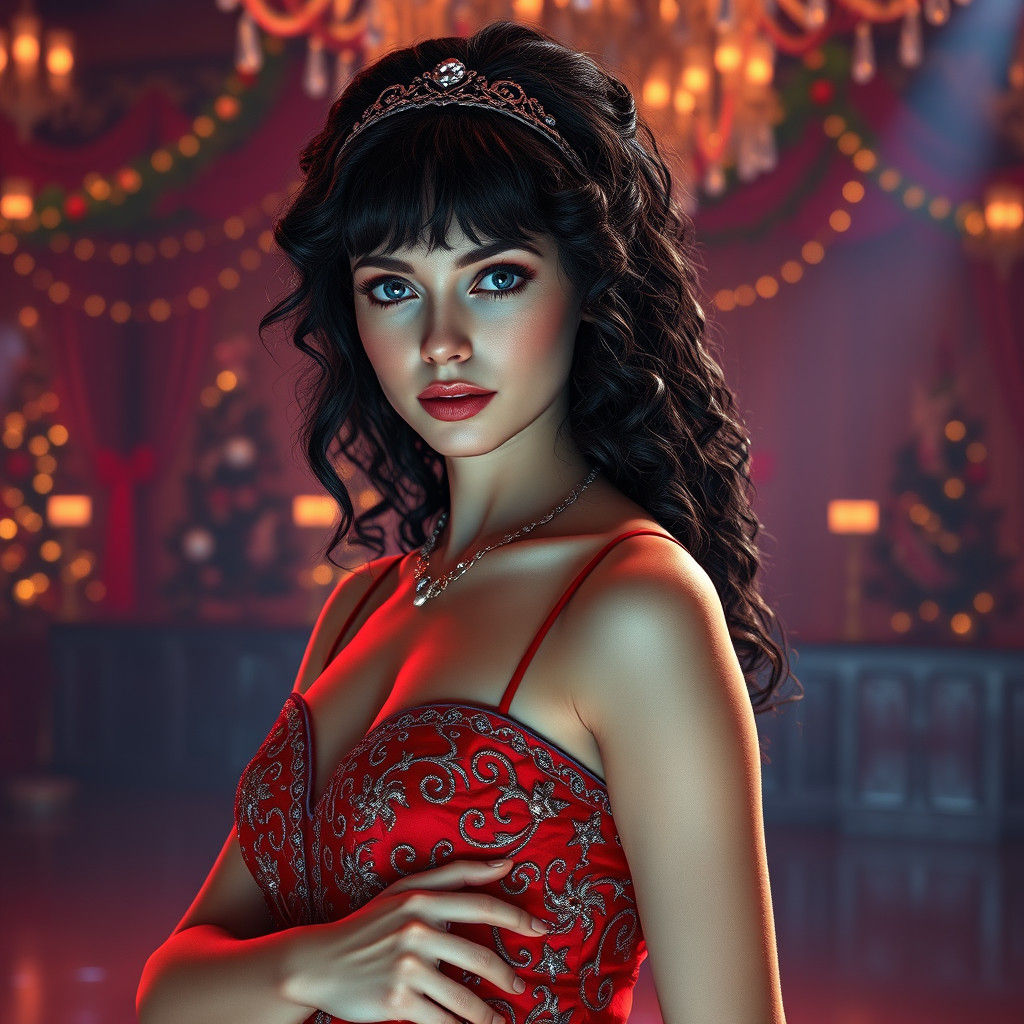 Ethereal Woman in Red Gown on Dancefloor