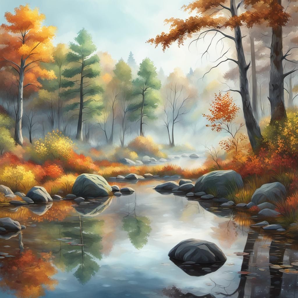 Swampy area with boulders and autumn trees