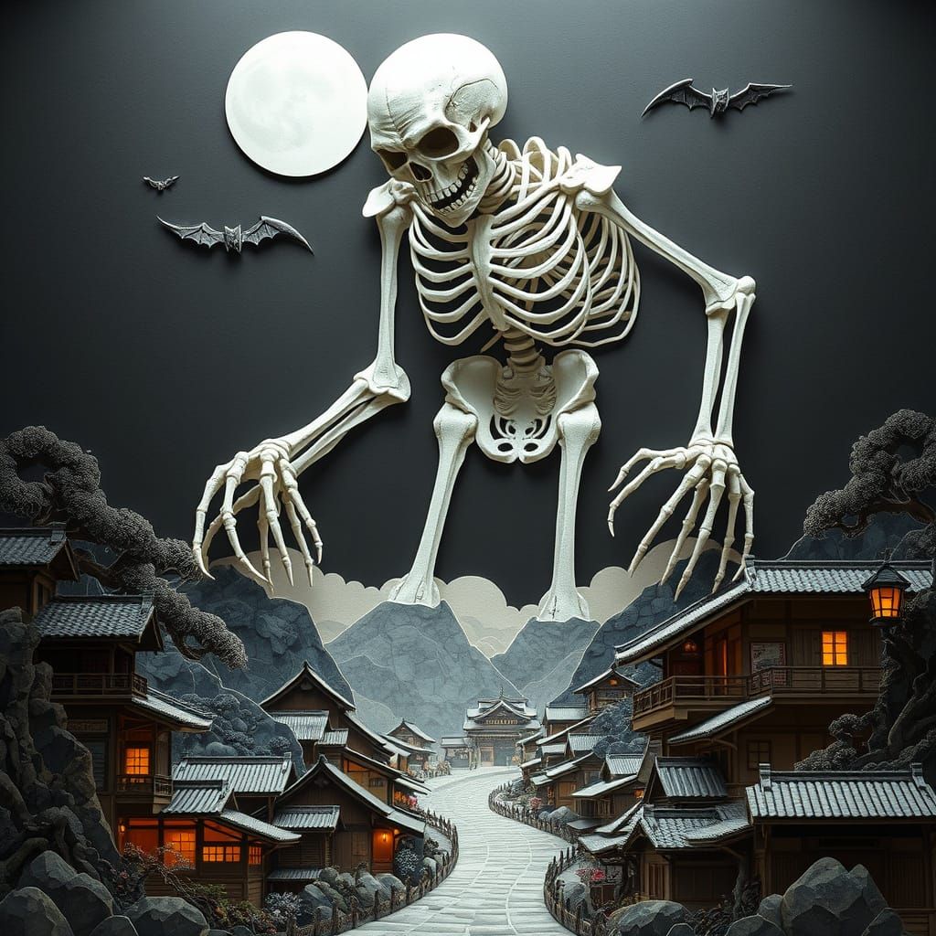 Ethereal Yokai Skeleton Looms Over Traditional Japanese Vill...