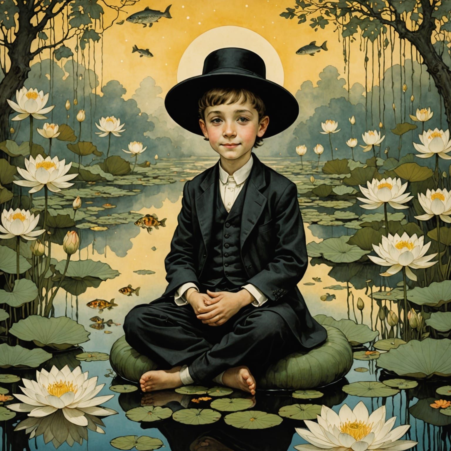 Hasidic Boy on Lotus Flower in Rackham-Nielsen Style