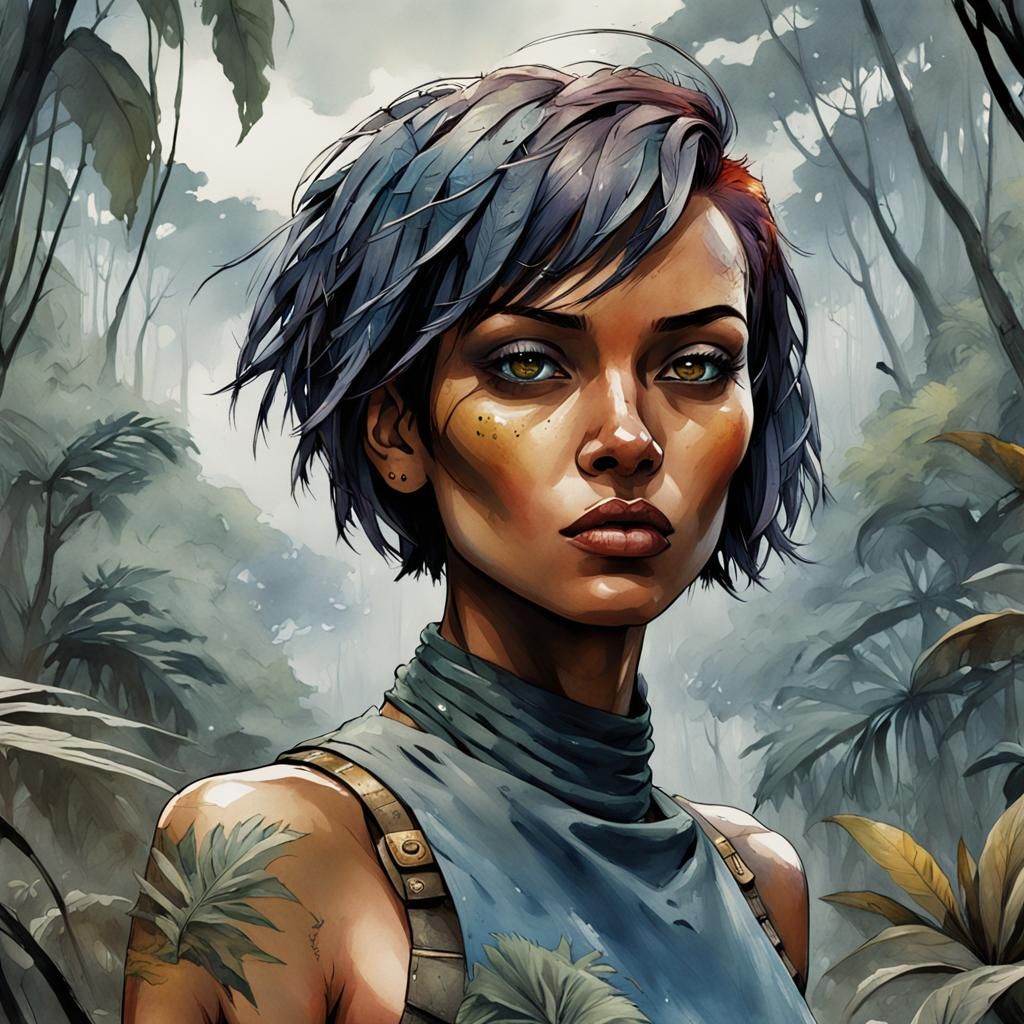 Enki Bilal Comic Style Portrait in Jungle