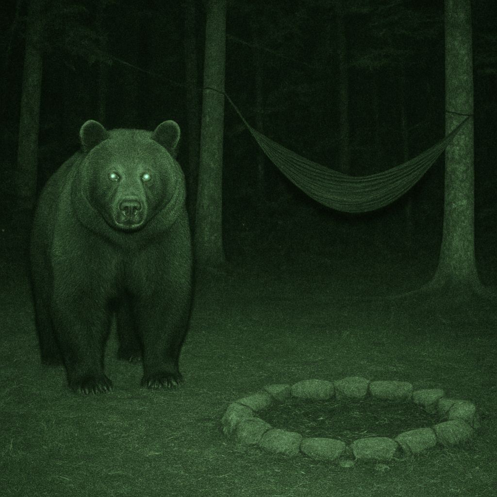 Eerie Night Vision Bear at Campsite