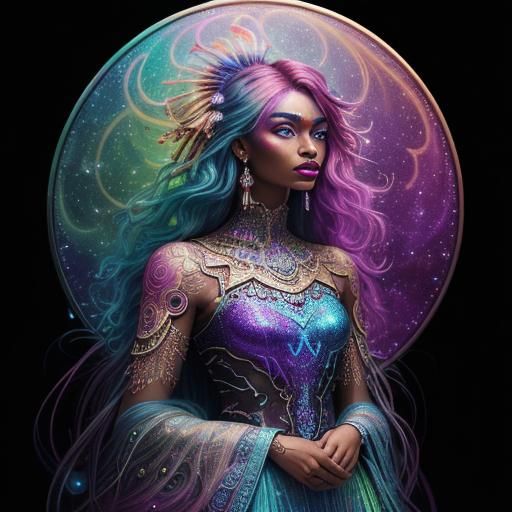 Rainbow Woman with Peacock Feathers in Mixed Media Style