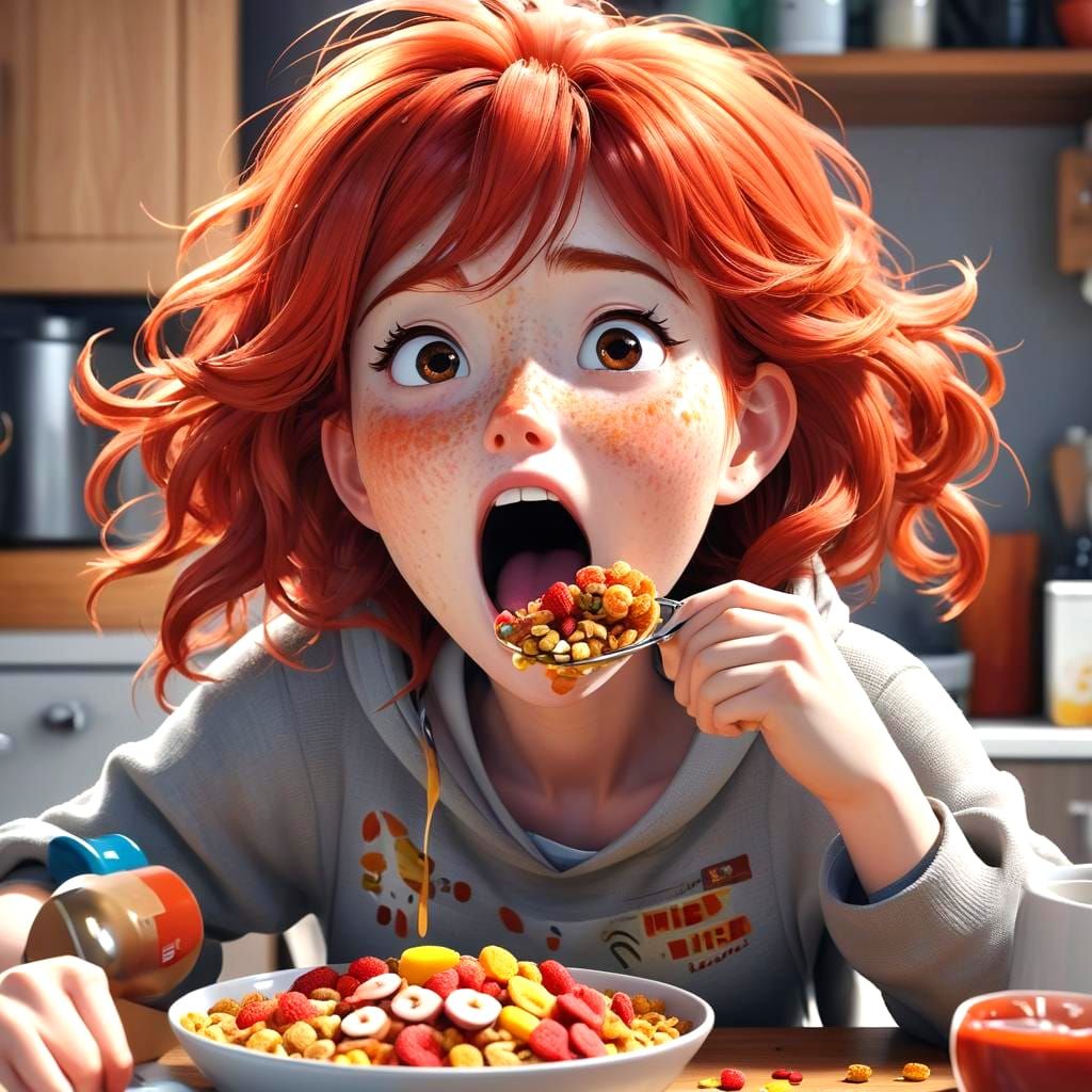 Redhead Girl's Breakfast in 3D Anime Style