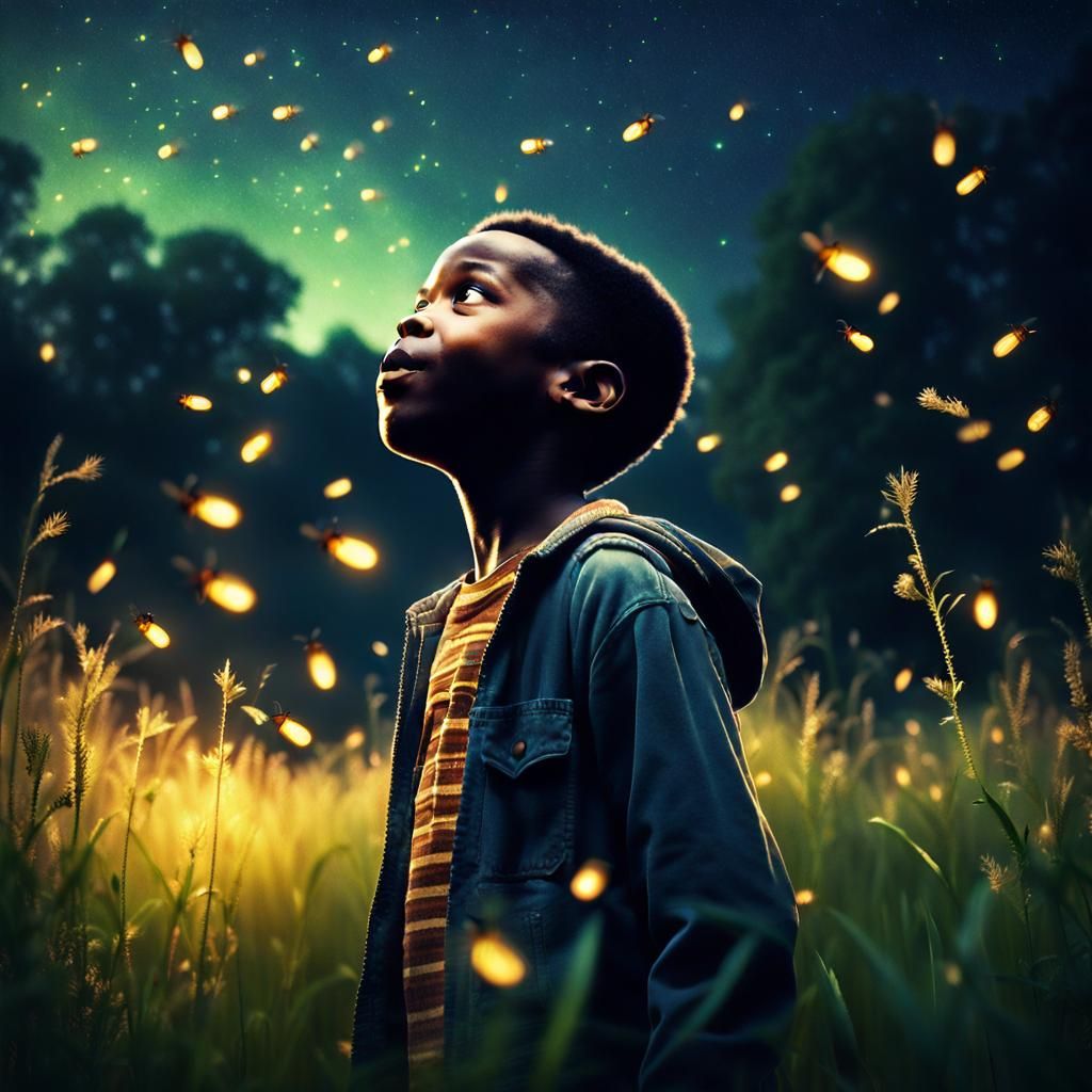 Boy in Meadow Watching Fireflies at Dusk