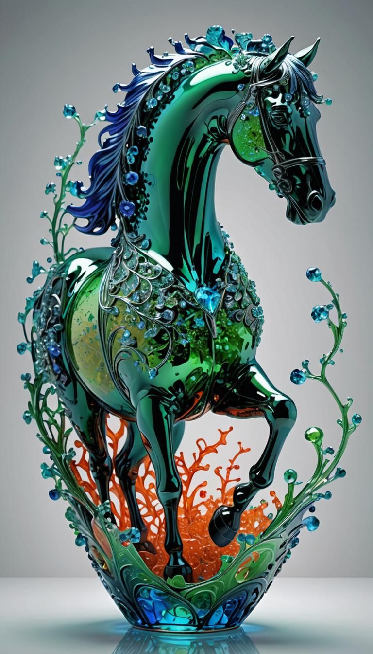 Bioluminescent Crystal Horse Sculpture in Glass Vase