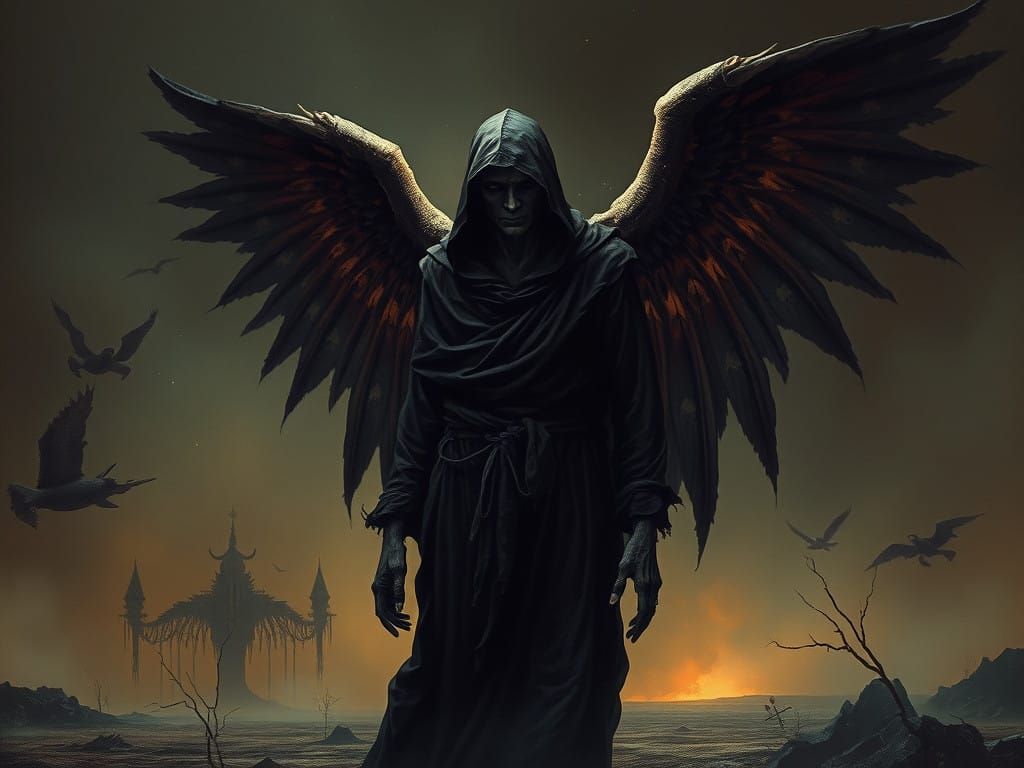 Surreal Fallen Angel in a Haunting, Mystical Landscape