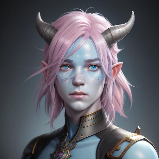 Blue Tiefling Portrait in Hyperdetailed Digital Art Style