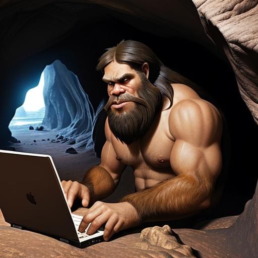 Caveman Browsing the Internet on Computer