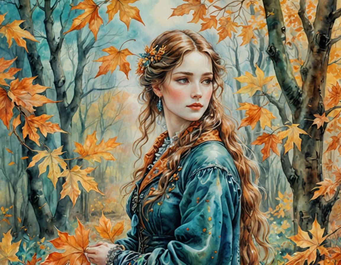 Autumnal Woman in Watercolor Landscape, Renoir Style