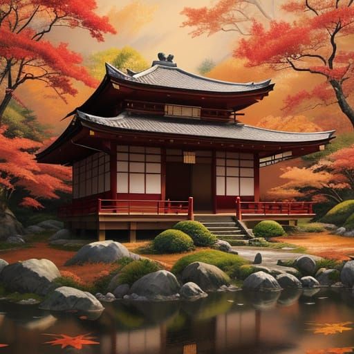 Serene Japanese Teahouse in Autumn Landscape