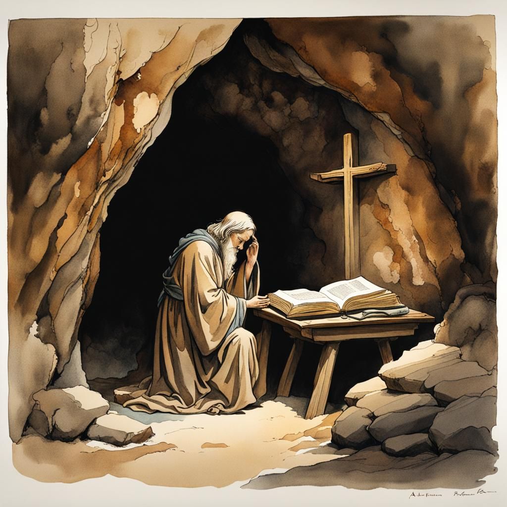 Hermit Praying in Cave, Arthur Rackham Watercolor