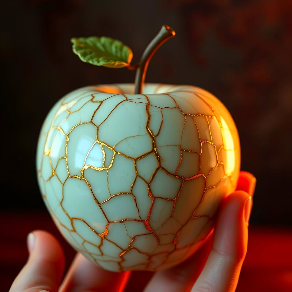 Stunning Kintsugi Porcelain Apple Portrait in Triadic Colors