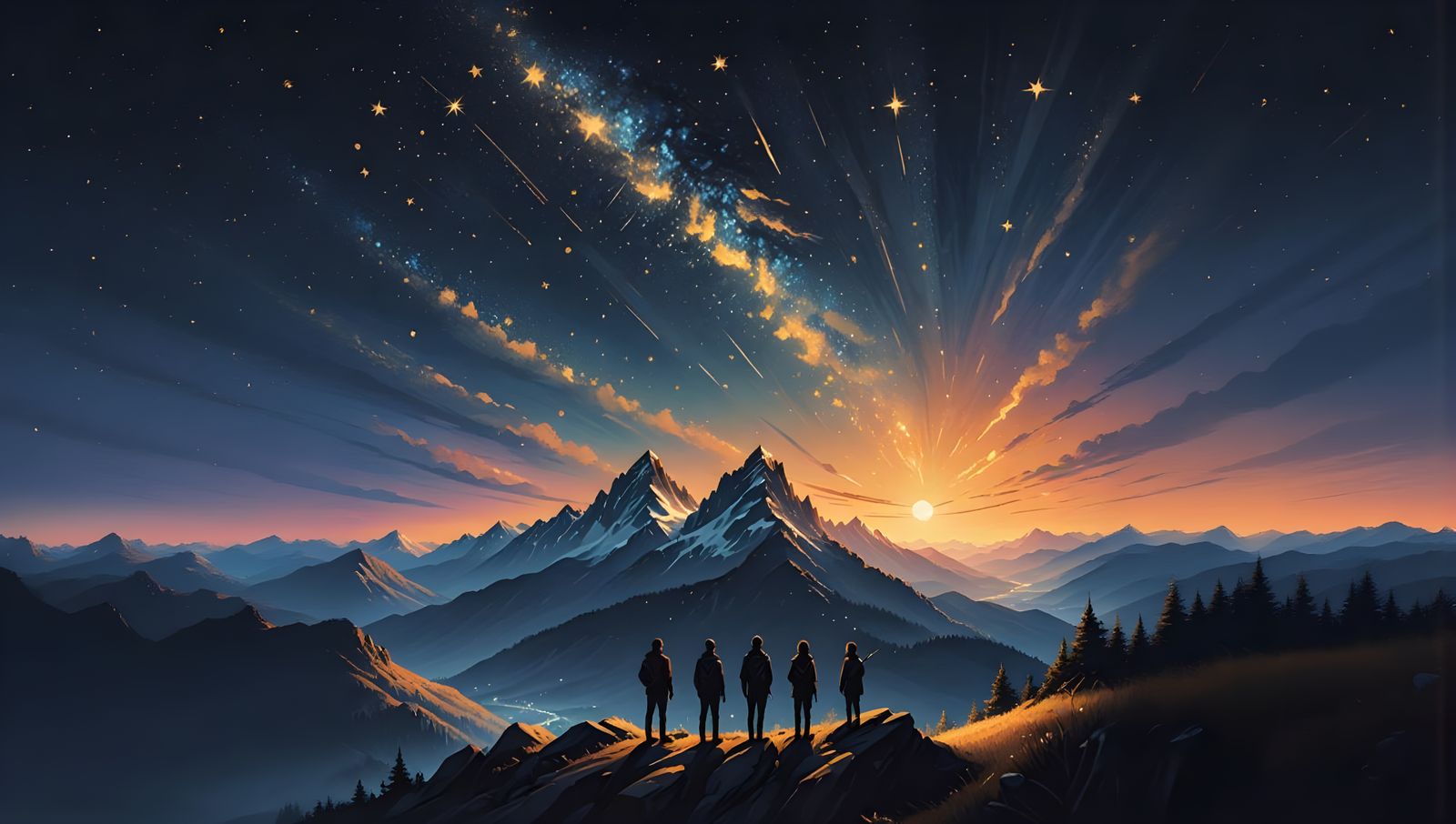 Silhouetted Figures Gaze at Starry Night Sky