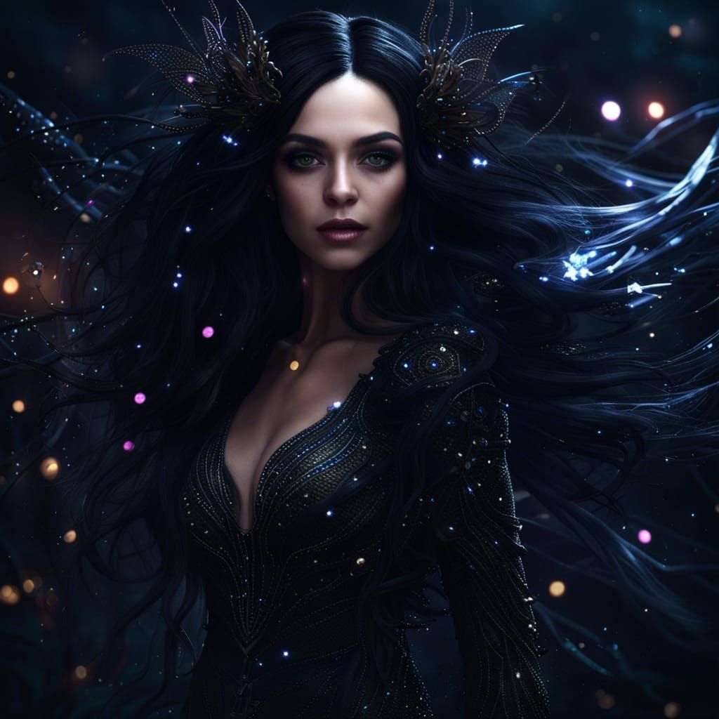 Gothic Dark Fairy Portrait with Windblown Hair