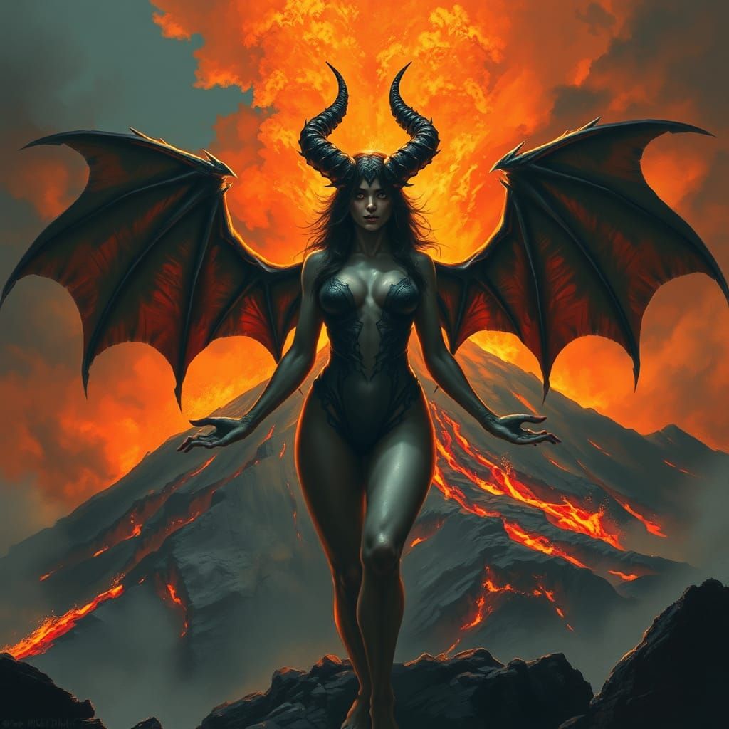 Succubus with Fiery Volcano in Rutkowski Style