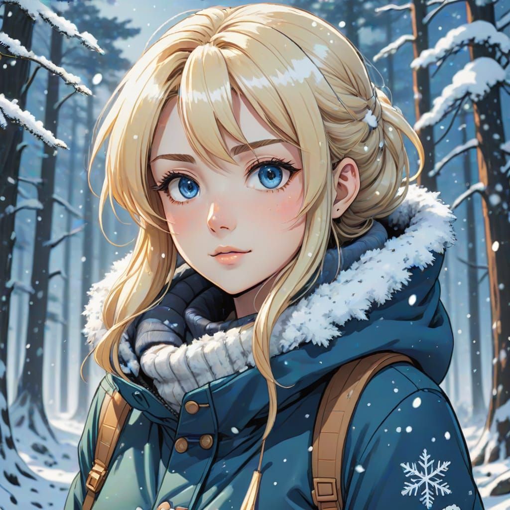Vibrant Scandinavian Manga Goddess in Winter Wonderland