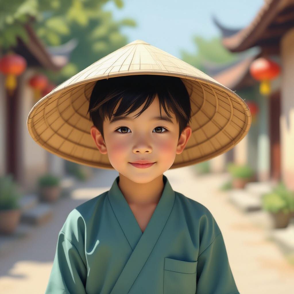 Vietnamese Boy in Traditional Hat, Digital Painting