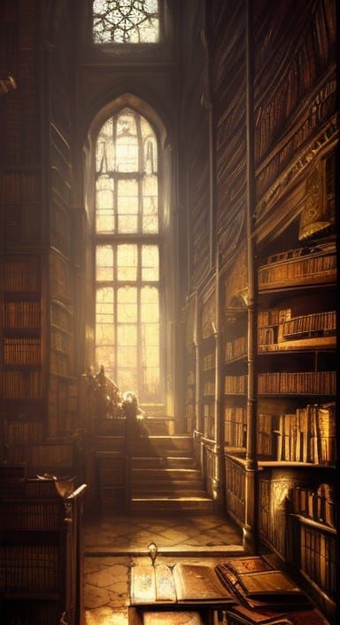 Medieval Fantasy Library with Sunlight and Books