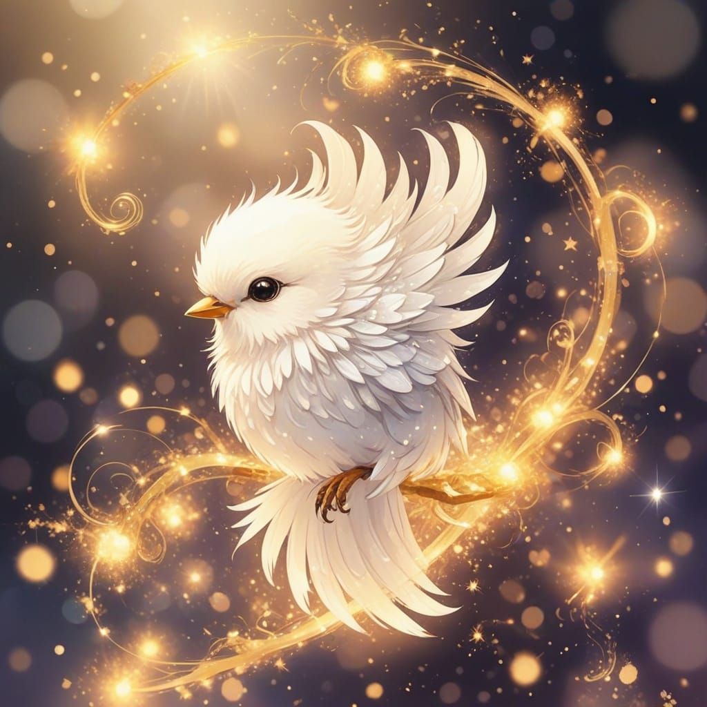 Fluffy Bird in Golden Swirls: Mystical Anime Art