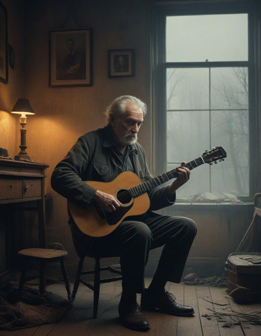 Alderan's Lament: Elderly Guitarist in a Smoky, Dimly Lit Ro...