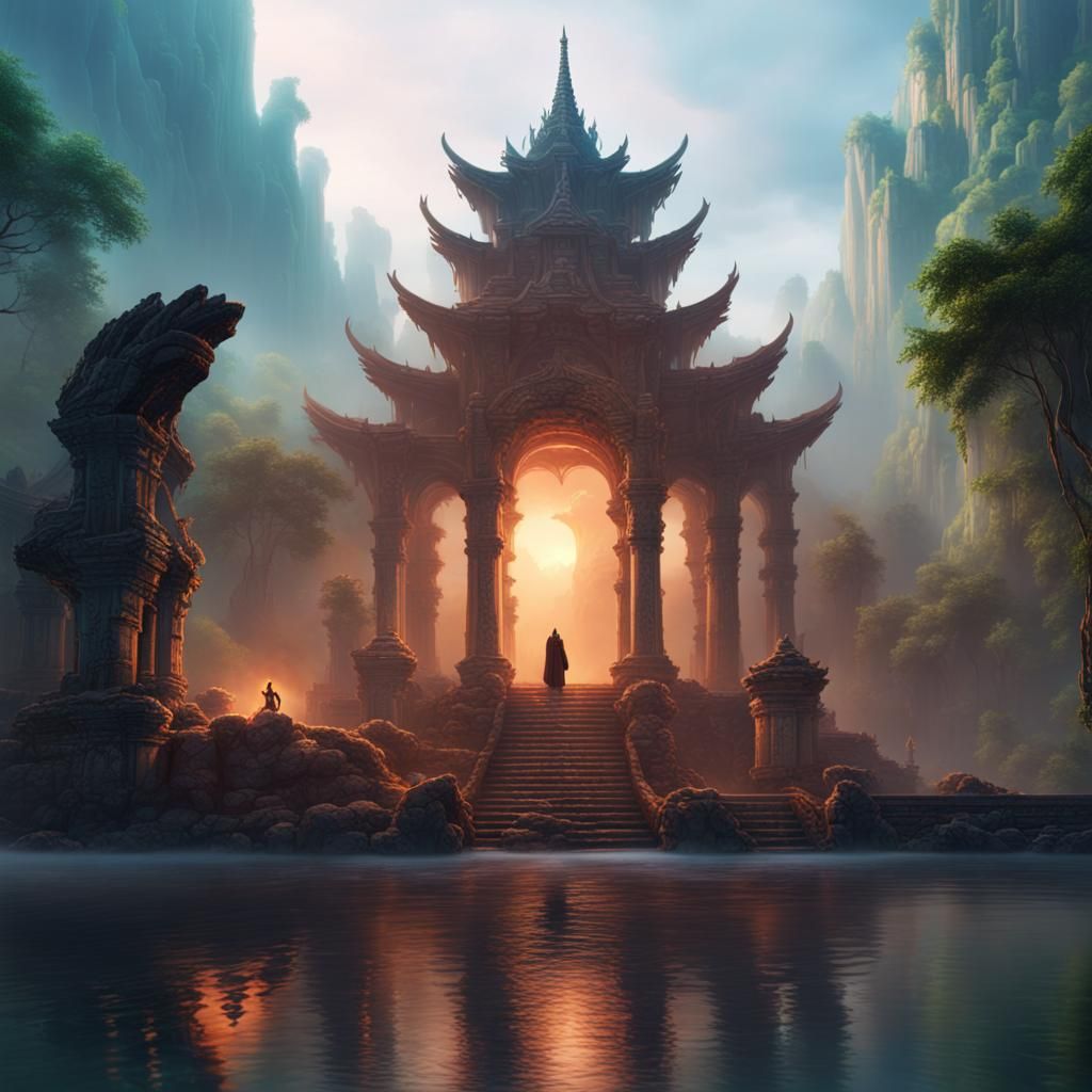 temple ruins on a lake with mist and warrior monk  Epic cinematic brilliant stunning intricate meticulously detailed dra...
