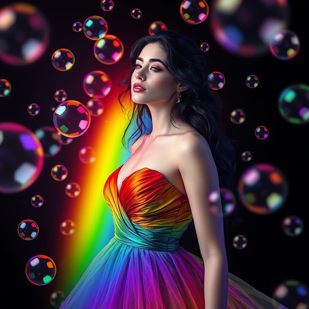 Woman Surrounded by Rainbow Bubbles in Cyberpunk Style