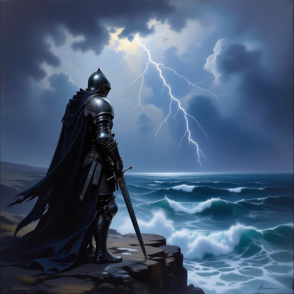 Knight on Cliff Overlooking Stormy Sea Oil Painting