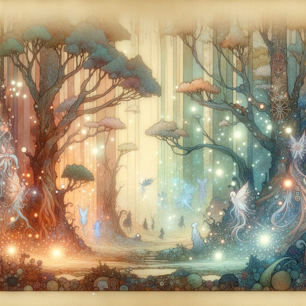 Enchanted Forest with Glowing Trees and Magical Creatures