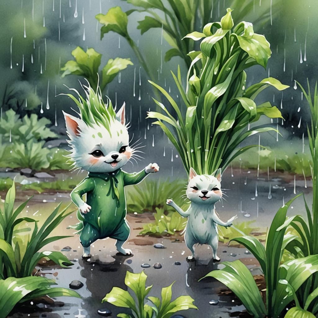 Dancing Green Onion and Dog in Watercolor Style