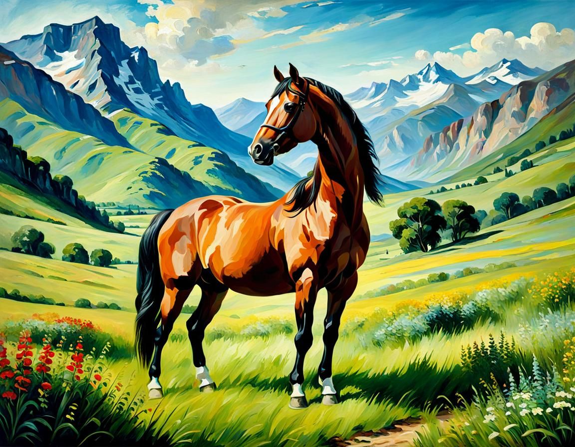 Horse in Meadow: Romantic Oil Painting