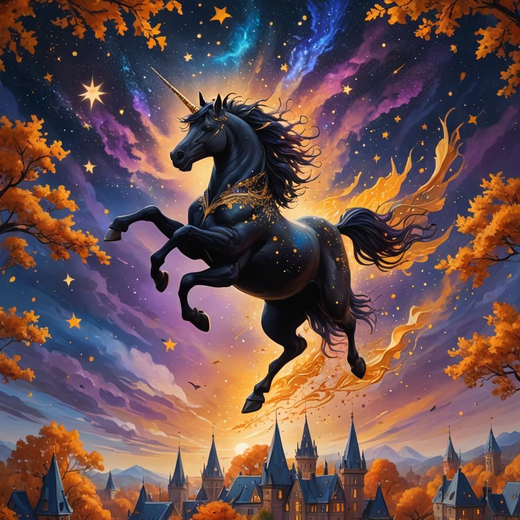 Black Unicorn in Autumn Sky: A Matte Painting