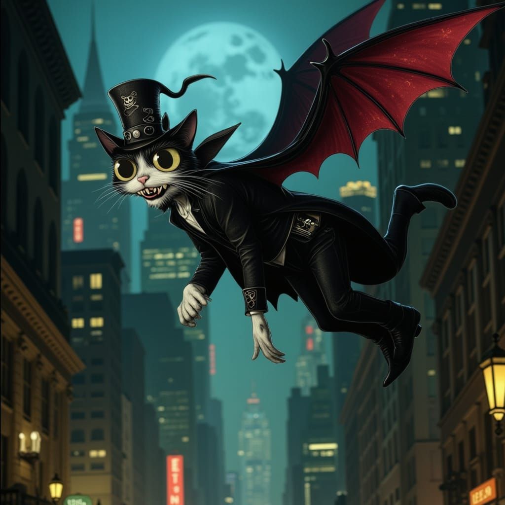Youthful Vampire Soaring Over Victorian City in Burton Style