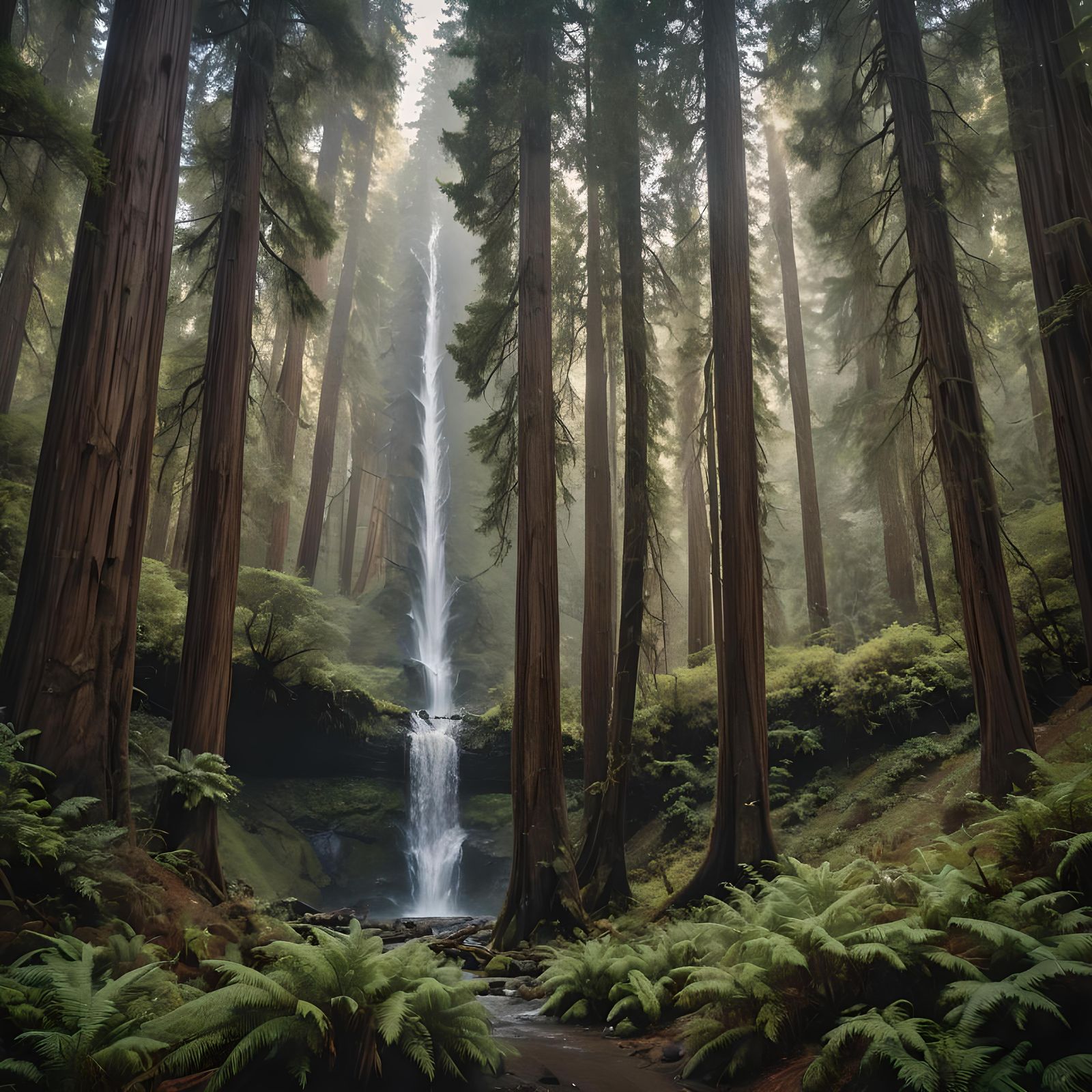 Redwood Forest Waterfall: Photorealistic Cinematic View