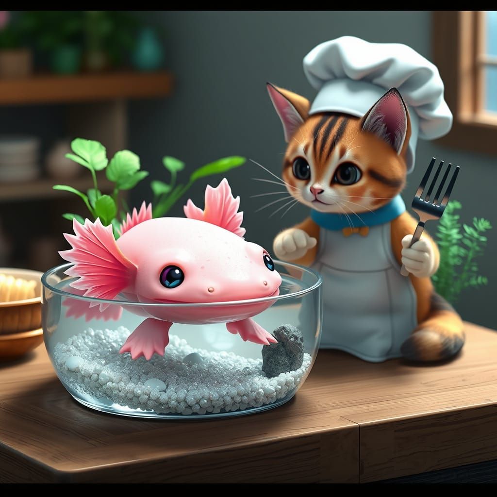 Whimsical Axolotl Scene in Hyper-Realistic Anime Style