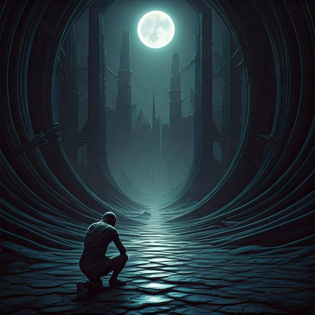 Ethereal Figure in Moonlit Dystopian Landscape