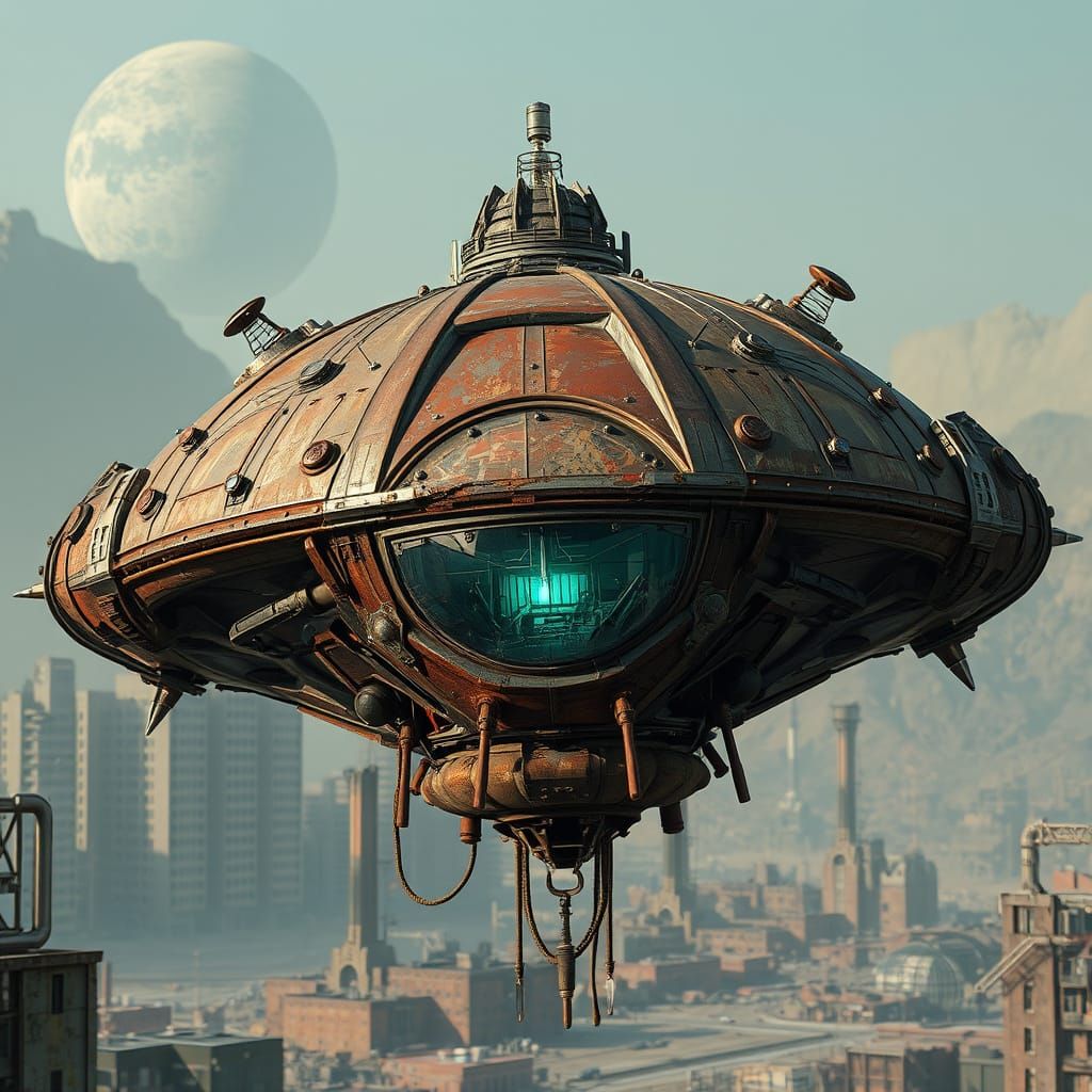 Rusty Cybertech UFO Crashed in Dystopian Futuristic Cityscap...