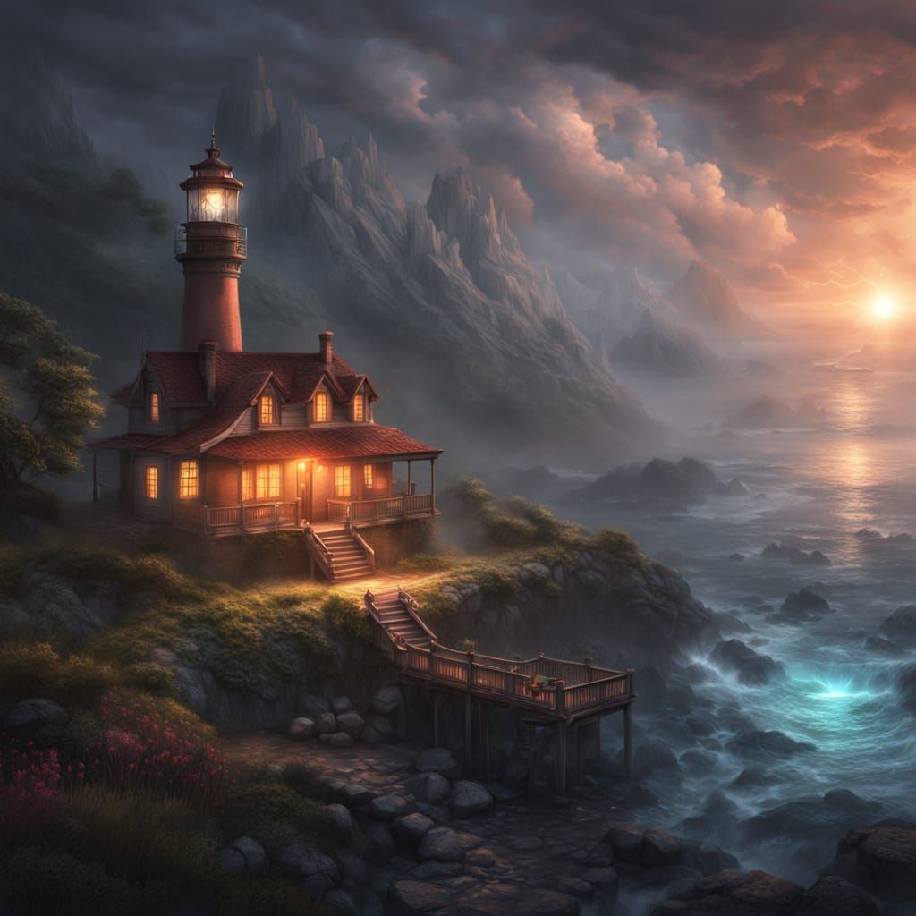 Majestic Lighthouse in Ethereal Fantasy Landscape